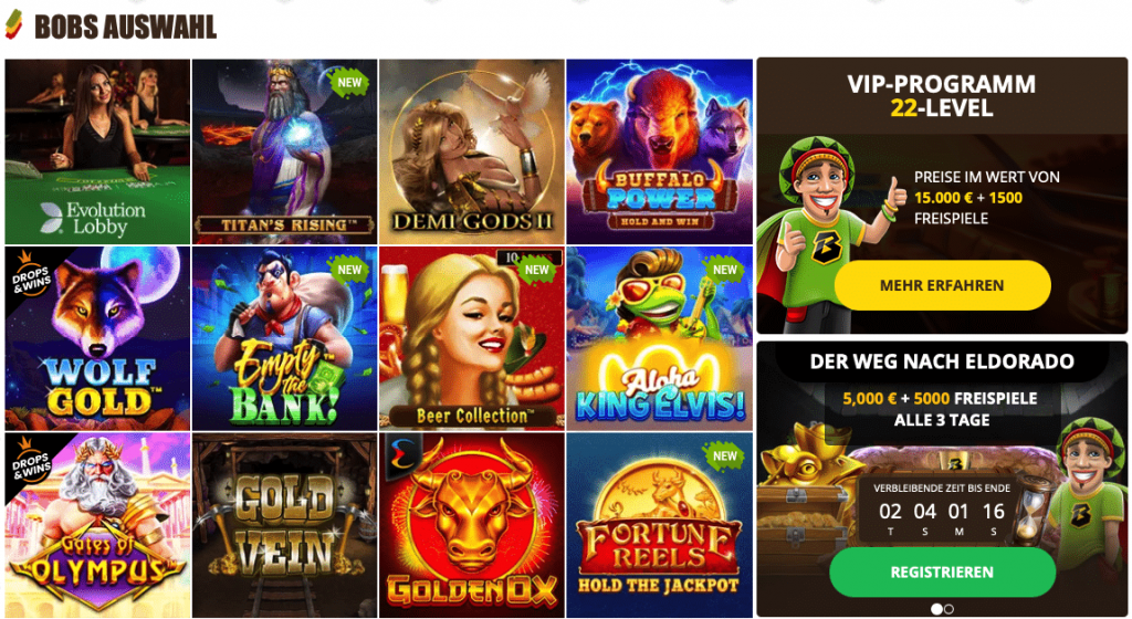 Bob Casino Spiele Auswahl